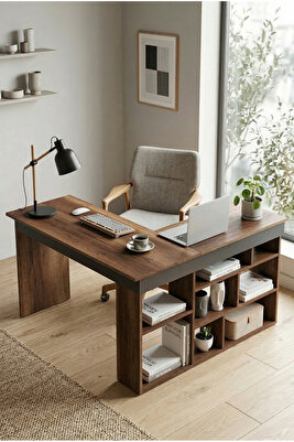 Boston Kitaplık Raflı Çalışma Masası L Masa Ofis Çalışma Masası Barok-antrasit ürün fotoğrafı