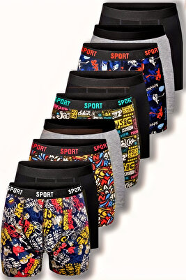Desenli Düz Karışık Erkek 9'lu Paket Pamuklu Boxer ürün fotoğrafı