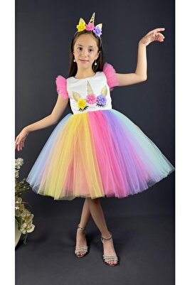 Rengarenk Etekli Kız Çocuk Parti Elbisesi PEMBE ürün fotoğrafı