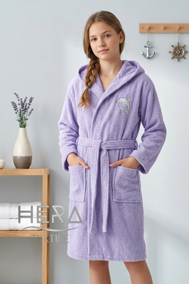 Çocuk Bornozu Pamuklu Kapüşonlu Lila 13-18 Yaş Unisex-Kız-Erkek Kemerli Yunus Nakış Genç Bornoz ürün fotoğrafı