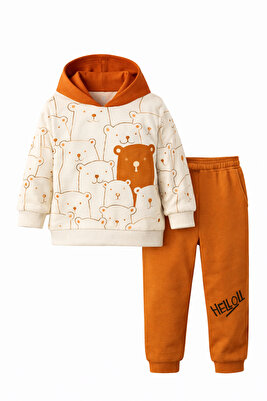 Happy Ayılar Desenli Kapüşonlu Pamuklu Bebek Çocuk Alt Üst Takım Yeni Sezon ürün fotoğrafı
