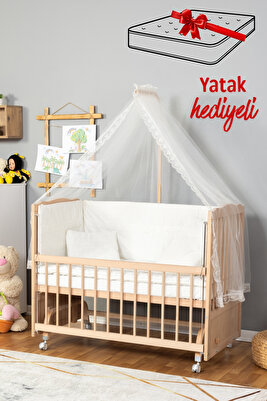 Doğal Ahşap Anne Yanı Beşik Yeni Doğan Bebek (BOYASIZ)60x120 Krem Güpürlü Uyku Seti Yatak Tekerlekli ürün fotoğrafı