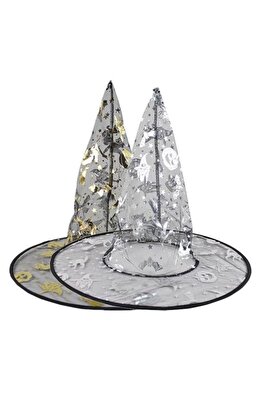 Partidolu Çift Taraflı Ürkünçler Desenli İnce Tül Cadı Şapkası Renk Halloween ürün fotoğrafı