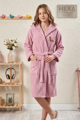 %100 Pamuk Kapüşonlu Genç Çocuk Bornozu Kemerli Unisex ürün fotoğrafı