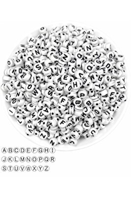 50Gr Harf Boncuk,4x7mm Basık Yassı Beyaz Üzeri Siyah Harf Boncuk (50gr,~375 Adet) ürün fotoğrafı
