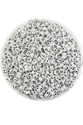 25gr Sayı Rakam Boncuk, 4x7mm Beyaz Üzeri Siyah Yassı Rakam Boncuk (25gr,~ 160Adet) ürün fotoğrafı