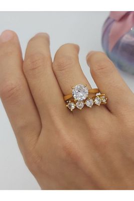 Imitasyon Altın Kaplama Zirkon Tek Taş Ve 5 Taş Evlilik Yüzüğü ürün fotoğrafı