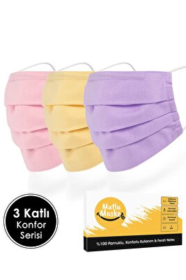 Konfor Serisi 3 Katlı Telli Pembe Sarı Mor Renkli Pamuklu Kumaş Yıkanabilir Bez Maske 3'lü Set ürün fotoğrafı
