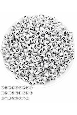 50gr Harf Boncuk,4x7mm Yassı Beyaz Üzeri Siyah Harf Boncuk  ( 50gr,~375 Adet) ürün fotoğrafı