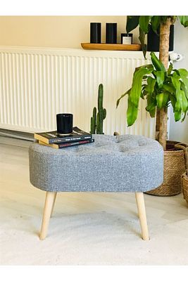 Gürgen Ahşap Ayak Gri Kumaş Oval Puf Bench Sandalye ürün fotoğrafı