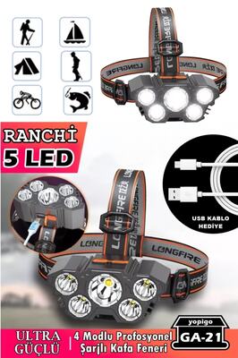 Ga-21 4 Fonksiyonlu 5 Led Şarjlı Ultra Güçlü Kafa Lambası Feneri Ipx5 Su Geçirmez Litym Lion Batarya ürün fotoğrafı