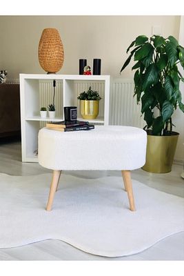 Gürgen Ahşap Ayak Kırık Beyaz Pofidik Tedy Handmade Oval Puf Bench Sandalye ürün fotoğrafı
