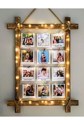Mandallı Ahşap Işıklı Resim Çerçevesi Ipli Fotoğraf Askısı Seti ürün fotoğrafı