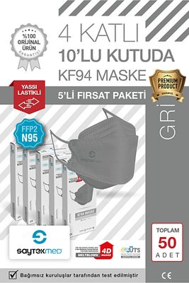 N95/FFP2 Kore Tipi, 4 katlı, GRİ Maske, Tekli Paket, UV Steril (5 Kutu/ 50 Adet) ürün fotoğrafı