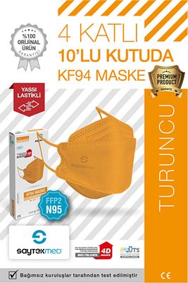 N95/ffp2 Kore Tipi 4 Katlı Turuncu Maske Tekli Poşet, Uv Steril(10 ADET/1 KUTU). ürün fotoğrafı