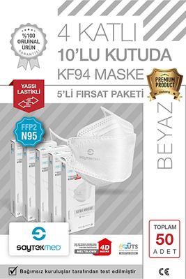 N95/FFP2 Kore Tipi, 4 katlı, BEYAZ Maske, Tekli Paket, UV Steril (5 Kutu/ 50 Adet) ürün fotoğrafı