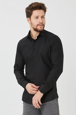 Erkek Siyah Slim Fit Düz Büyük Beden Gömlek ürün fotoğrafı