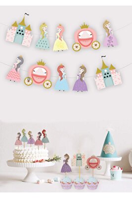 Prensesler Temalı Şatolu Arabalı Simli Banner 10 Parça ürün fotoğrafı