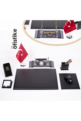 Varta Türk Bayraklı Deri Sümen Takımı Kristal Ofis Masa Isimliği Hediyesi Resmi Makam Takımı ürün fotoğrafı