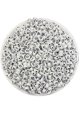 25gr Sayı Rakam Boncuk, 4x7mm Beyaz Üzeri Siyah Yassı Rakam Boncuk (25gr,~ 160adet) ürün fotoğrafı