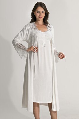 Kadın Ekru Lohusa Gecelik Sabahlık Takım ürün fotoğrafı