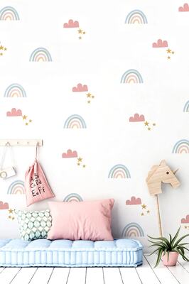 Duvar Sticker Çocuk Odası - Pembe Gökkuşağı Bulut Ve Yıldızlar Dekoratif Duvar Süsü ürün fotoğrafı