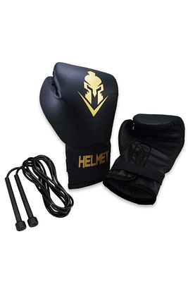 Siyah Helmet Boks Eldiveni ve Atlama Ipi Seti Suni Deri ürün fotoğrafı