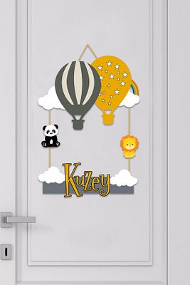 Isme Özel Bebek Odası Ahşap Kapı Süsü Balon (gri& Sarı) ürün fotoğrafı