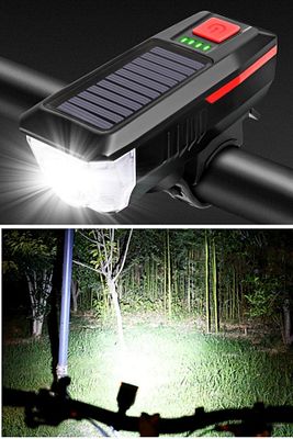® Solar Enerjili Usb Ile Şarj Edilebilir Ledli Bisiklet Feneri Kornalı Ve Su Geçirmez Far ürün fotoğrafı