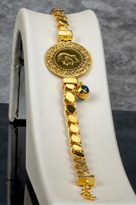 22 Ayar Çeyrekli 14 Ayar Altın Nazarlıklı Pul Zincir Bileklik ürün fotoğrafı