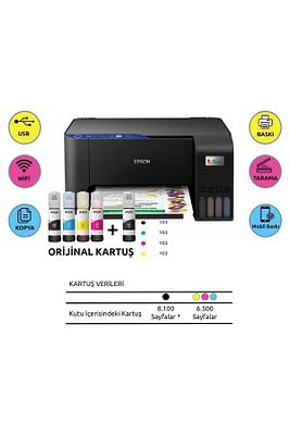 EpsonEcotankL3250 Renkli Tanklı Yazıcı Baskı-Tarama-Kopya(USB,WİFİ)+ORİJİNAL EPSON 4x65ml+1 Mürekkep ürün fotoğrafı