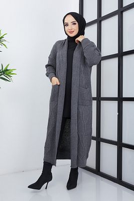 Kadın Antrasit Örgü Desenli Cepli Triko Hırka ürün fotoğrafı