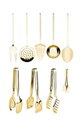 9 Adet Üst Kalite Gold Sofra Sunum Servis Seti, Çatal Bıçak Kaşık Spatula Kevgir Maşa Seti ürün fotoğrafı