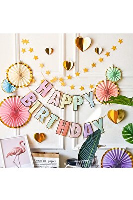 Happy Birthday Banner MAKARON Varaklı ürün fotoğrafı