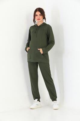 Haki Hamile Ve Lohusa Kapüşonlu Sweatshirt Eşofman Takımı ürün fotoğrafı