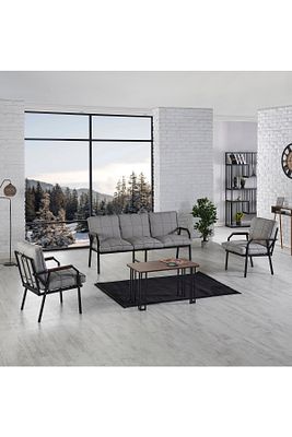 Hayal Balkon, Bahçe, Cafe - Metal Kanepe Koltuk Takımı - 3 1 1 Sehpalı - Açık Gri ürün fotoğrafı