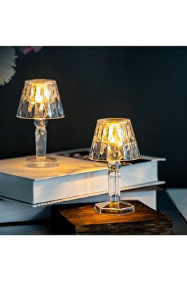 2'li Küçük Boy Kristal Elmas Led Masa Lambası Pilli Projeksiyon Mini Şeffaf Abajur 12 Cm ürün fotoğrafı