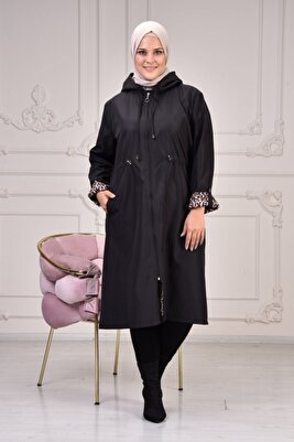 Kadın Büyük Beden Duble Kol Su Geçirmez Bondit Kapşonlu Trenç - Siyah ürün fotoğrafı