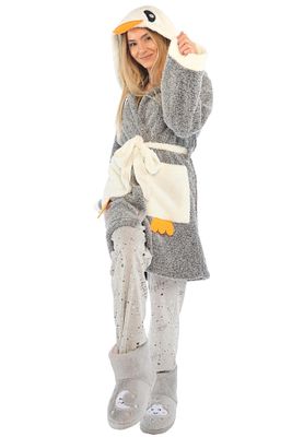 Kadın Gri Penguen Nakışlı Kapüşonlu Wellsoft Peluş Sabahlık ürün fotoğrafı
