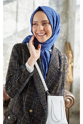 Tesettür Kadın Bambu Kraş Şal Pamuk Bürümcük Şal Indigo ürün fotoğrafı