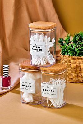 3'lü Ahşap Kapaklı Akrilik Kulak Pamuğu & Pamuk & Diş Ipi Organizeri 250 Ml Banyo Seti ürün fotoğrafı