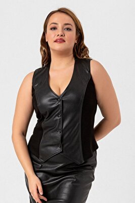 Siyah Büyük Beden Kaşkorse Detay Klasik Kesim Suni Deri Yelek ürün fotoğrafı