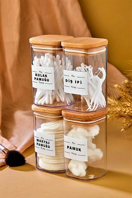 4'lü Ahşap Kapaklı Akrilik Diş Ipi & Kulak Pamuğu & Pamuk & Makyaj Pamuğu Banyo Seti 250 Ml ürün fotoğrafı