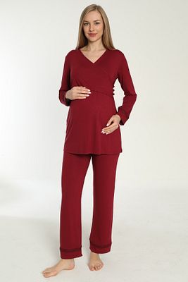 Bordo Emzirmeye Uygun Uzun Kol Lohusa Ve Hamile Pijama Takımı ürün fotoğrafı