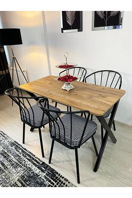 Mutfak Masa Takımı 60x120cm Yemek Masası X Metal Ayaklı Masa Seti 4 Güneş Sandalye Kumaş ürün fotoğrafı