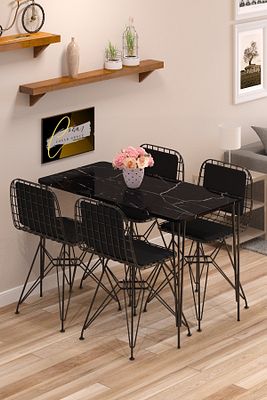Yemek Masa Takımı Mutfak Masası Sırt Minderli 4 Adet Tel Sandalye 1 Adet Masa 60x120 Siyah ürün fotoğrafı