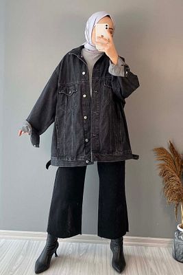 Çift Cepli Oversize Kot Ceket Siyah ürün fotoğrafı