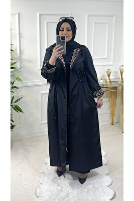 Büyük Beden Setenay Tam Boy Içi Leoparlı Duble Kol Trenç - Siyah ürün fotoğrafı