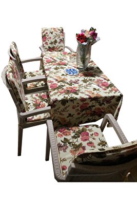 Masa Örtüsü Takımı Ve Büyük Boy Arkalıklı Sandalye Minderi 6 Adet Ingiliz Gülü ürün fotoğrafı