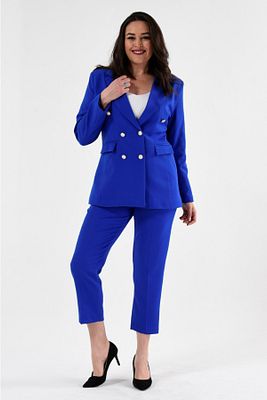 Kadın Saks Mavi Blazer Ceket Kemerli Cepli Boru Paça Pantolon Büyük Beden Takım Elbise ürün fotoğrafı